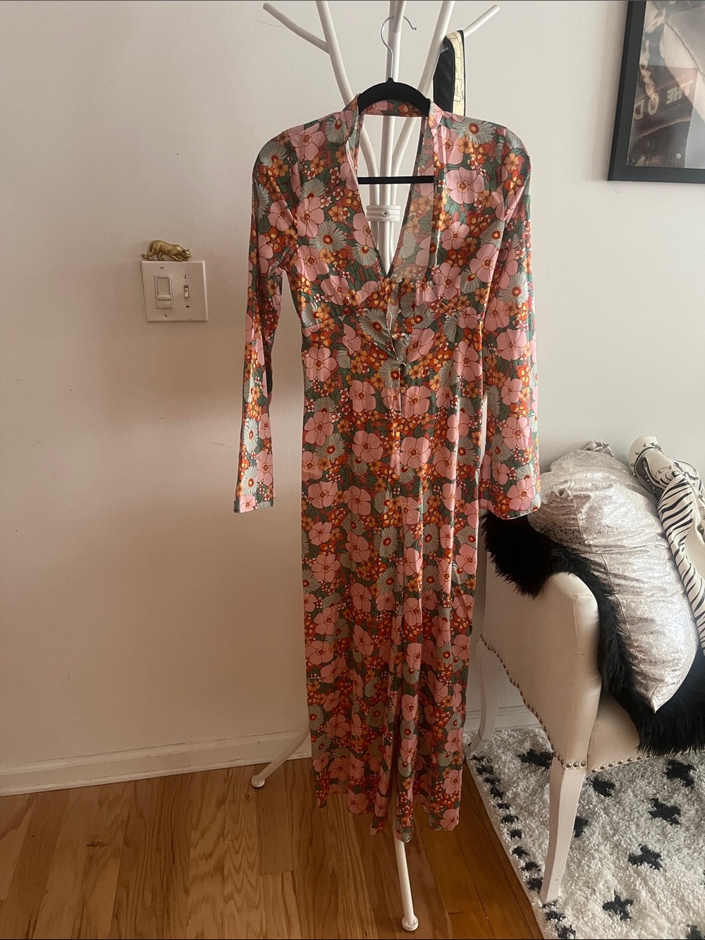 Vintage-Inspired Pink Floral Open Back Jumpsuit